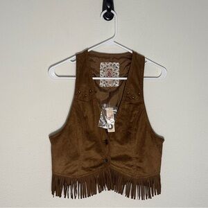 Decree Brown Faux Suede Fringe Western Festival Crop‎ Vest Large